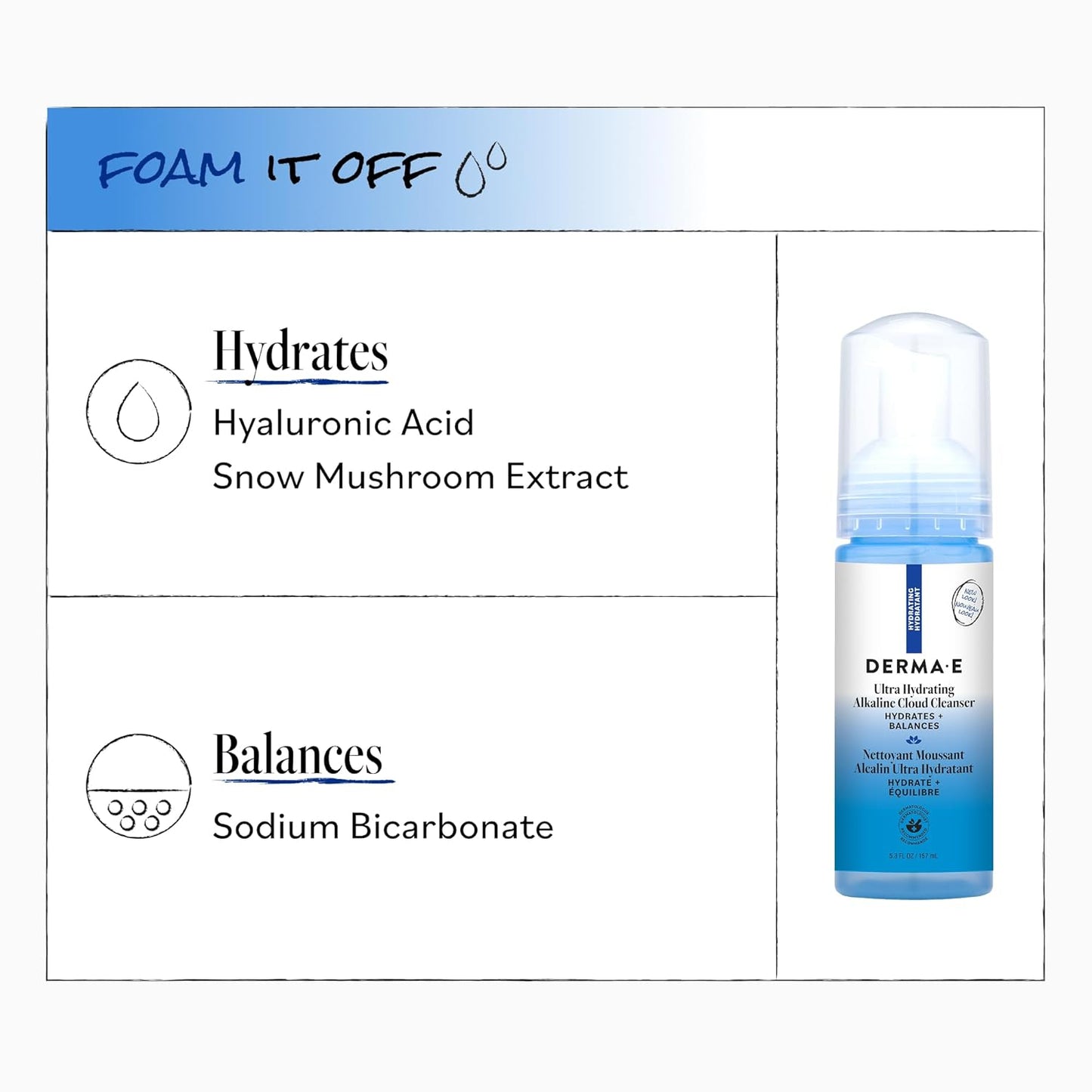 Derma E Ultra Hydrating Cloud Cleanser - Gentle Foaming Face Wash with Hyaluronic Acid | Vegan, 5.3 Oz
