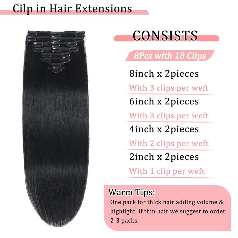 Clip in Hair Extensions Real Human Hair Clip in Extensions for Women Seamless Invisible Jet Black Natural Remy 100% Human Clips ins Extension 8pcs Double Weft 16 inch 3.2oz/90g