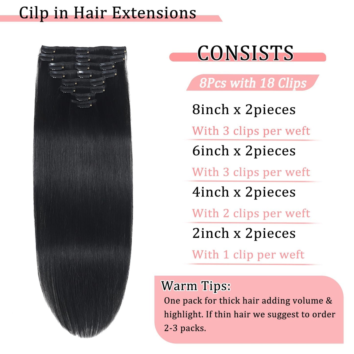 Clip in Hair Extensions Real Human Hair Clip in Extensions for Women Seamless Invisible Jet Black Natural Remy 100% Human Clips ins Extension 8pcs Double Weft 16 inch 3.2oz/90g