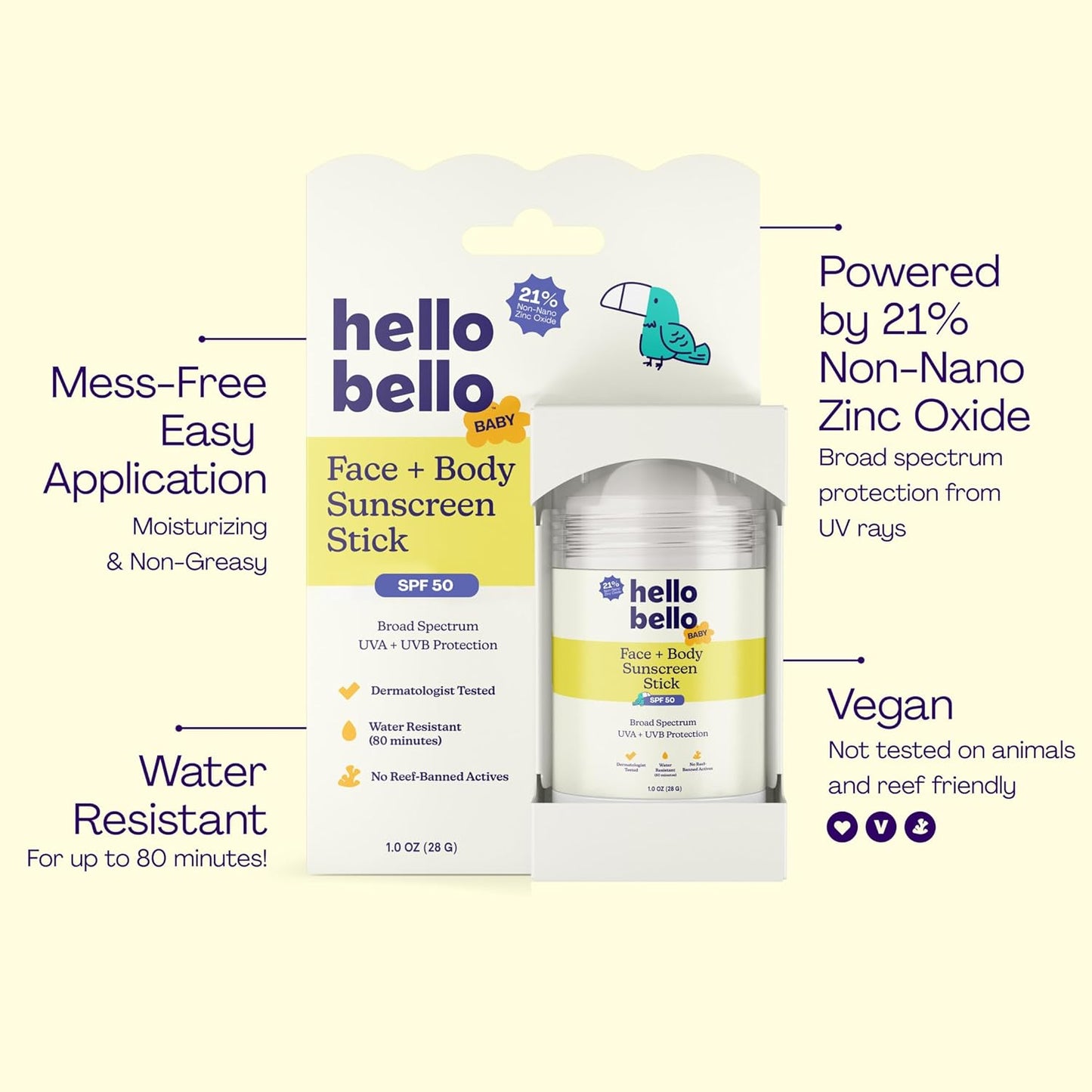 Hello Bello Baby Sunscreen Stick - SPF 50 Mineral Face & Body Protection | Water Resistant, 1oz
