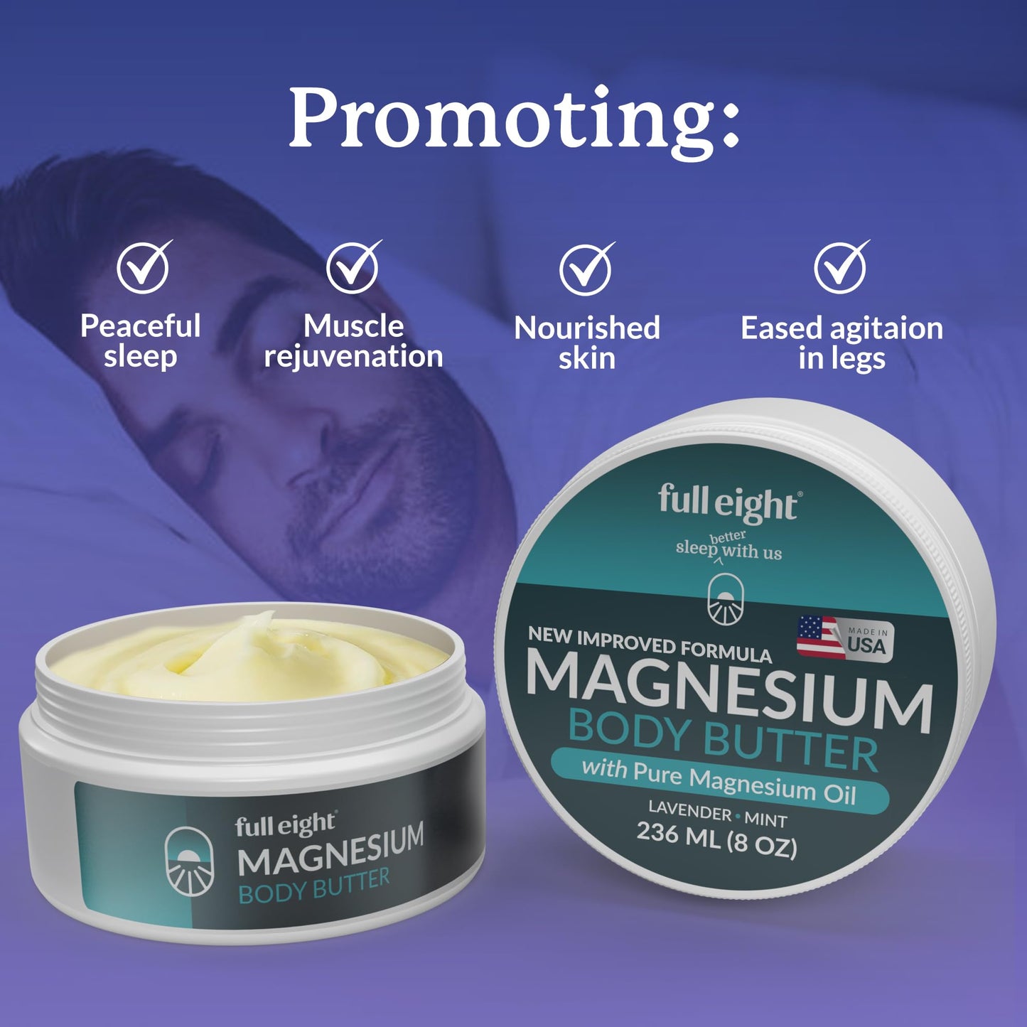 Full Eight Magnesium Body Butter – New Improved Formula, Quick Ease for Tensed Legs, Tight Muscles & Sleep, Organic Ingredients with Pure Magnesium Oil, Topical Cream, 8oz