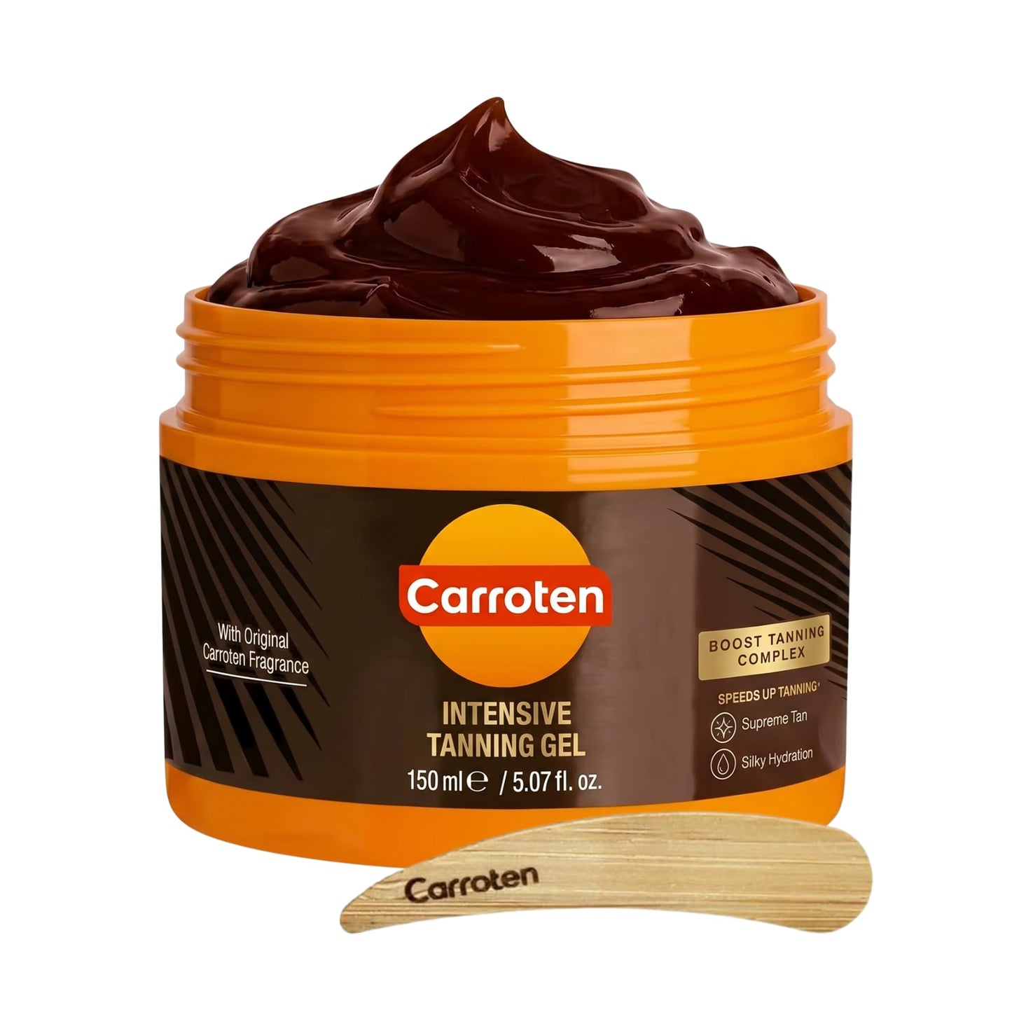 Carroten Intensive Tanning Gel | Browning Tan Accelerator | Non-Greasy, Water-Resistant with Carrot and Coconut Oil | Vitamin A & E For Moisture & Hydration | Made in Greece | 5 oz + Spatula
