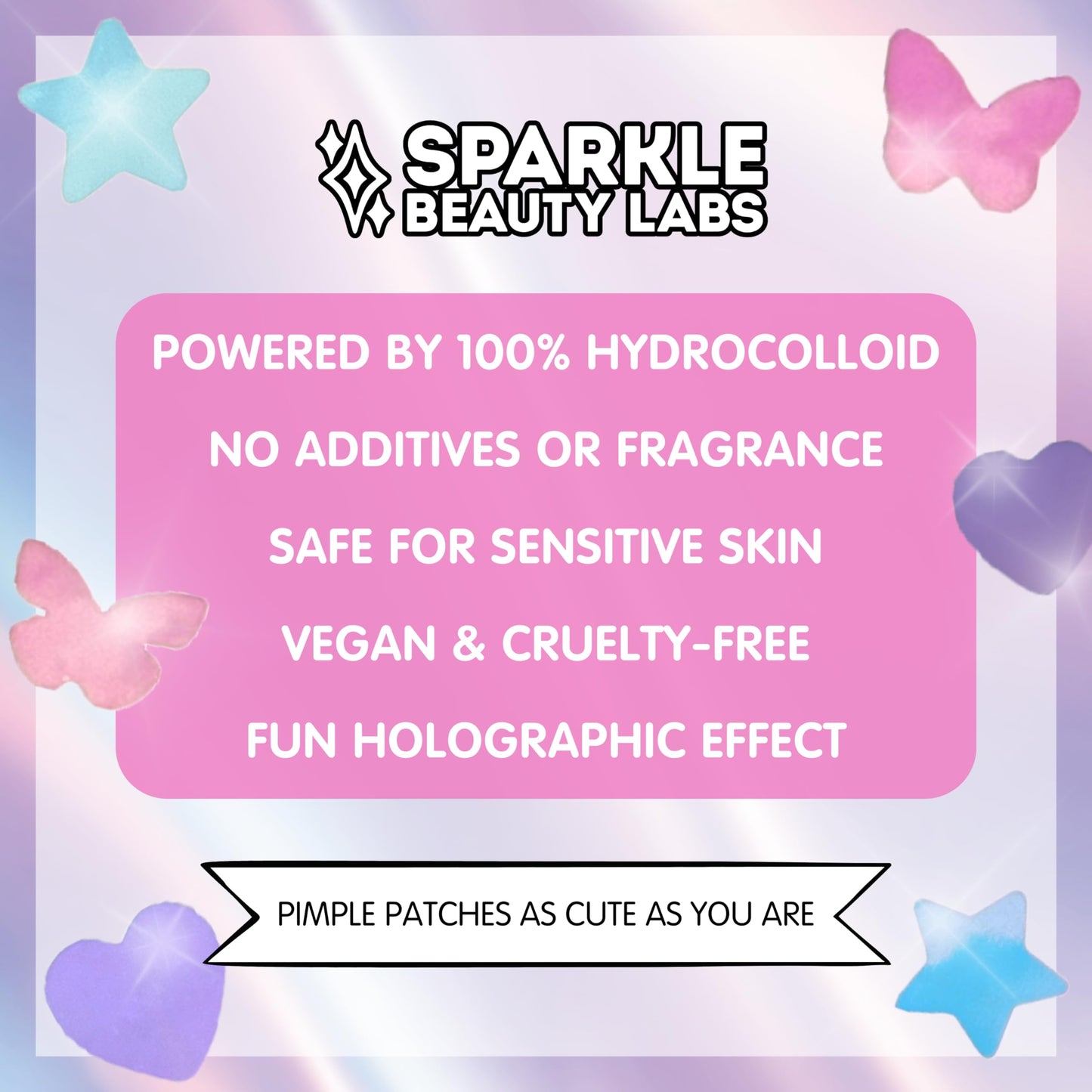 Sparkle Beauty Labs Heal & Conceal Holographic Cute Pimple Patch Bundle (240 Count) Iridescent Star, Heart & Butterfly Shaped Hydrocolloid Acne Patches for Face, Fun Hydrocolloid Zit Stickers