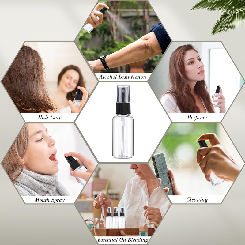 Maxcheck 100 Pcs Mini Clear Spray Bottles 1 oz Plastic Empty Travel Bottle Fine Mist Small Spray Containers with 5 Pcs Funnels Refillable Liquid Travel Container for Perfume Skin Toner (Black)