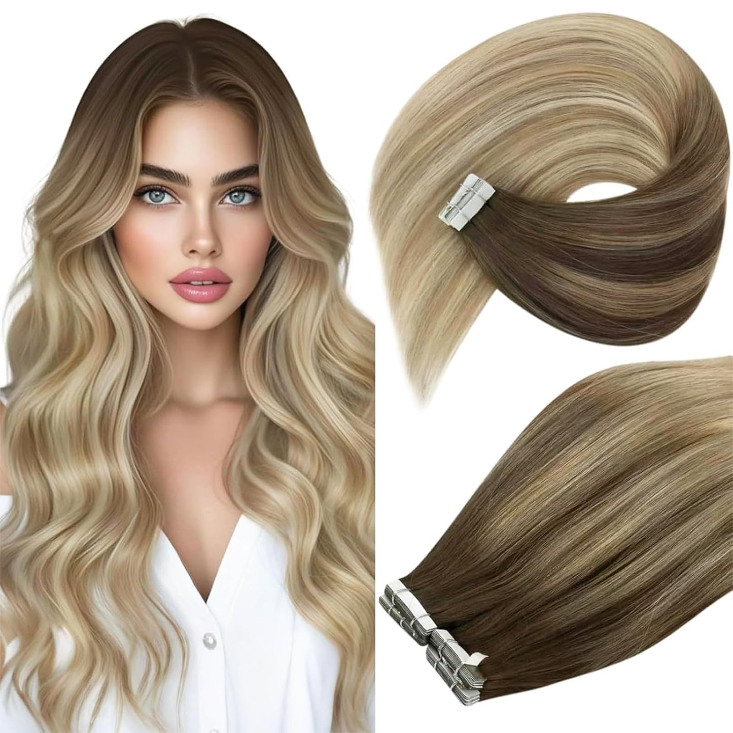 VeSunny Balayage Hair Extension Tape Ins 16inch 50grams Double Sided White Tapes Hair Extensions Color Brown #4 Fading To #16 Dark Golden Blonde Mixed With #60 Platinum Blonde 20pcs 50Gram