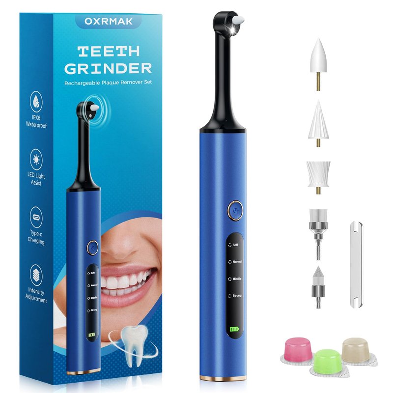 Tooth Polisher, Rechargeable Teeth Polishing Kit for Teeth Whitening, Tooth Polisher for Tartar Stain Removal, Teeth Cleaner Tools for Home Use with 3 Polish Paste and 5 Brush Heads, LED Light