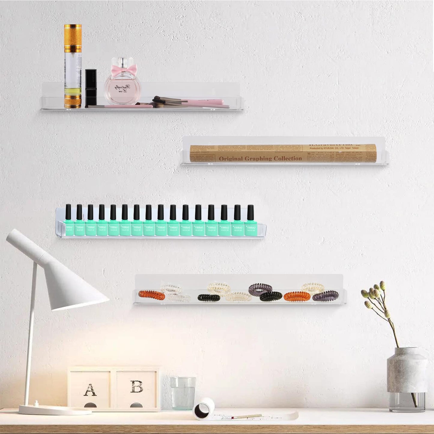 trophable 8 Pack Nail Polish Rack Wall Mounted Shelf with Removable Anti-Slip End Inserts, Clear Acrylic Nail Polish Organizer Wall Rack Display 128 Bottles…