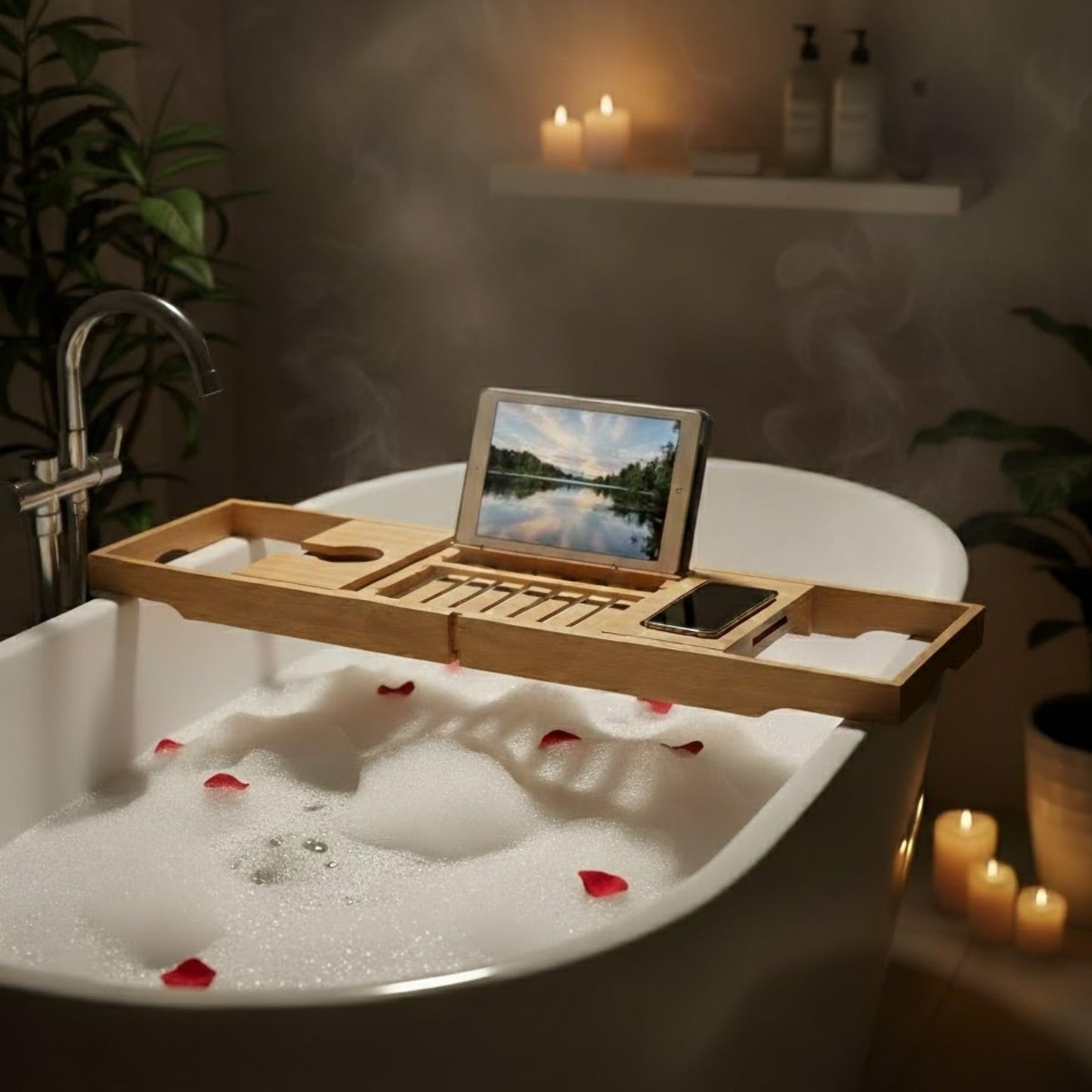 Bamboo Bathtub Caddy Tray with Extending Wood Sides -Fits Any Bath, Hot Tub and Jacuzzi