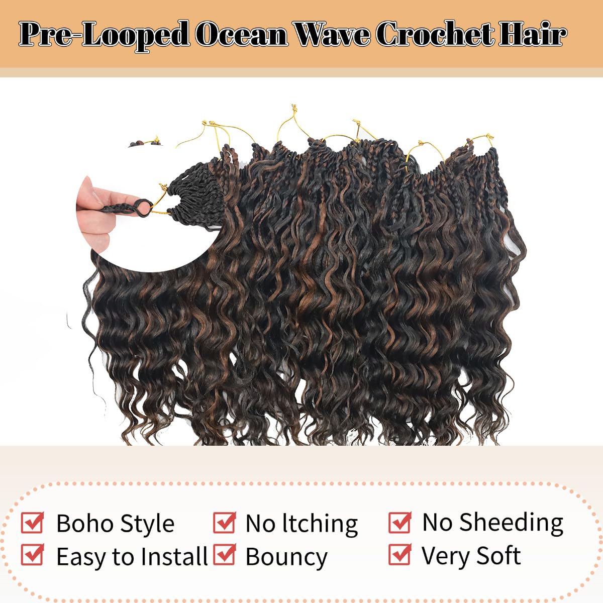pojui 18 Inch Ocean Wave Crochet Hair 8 Packs - Synthetic Pre-Looped Deep Wavy Curly Braiding Hair for Black Women, Boho Style Hair Extensions (18inch,P1B/30-8 Packs)