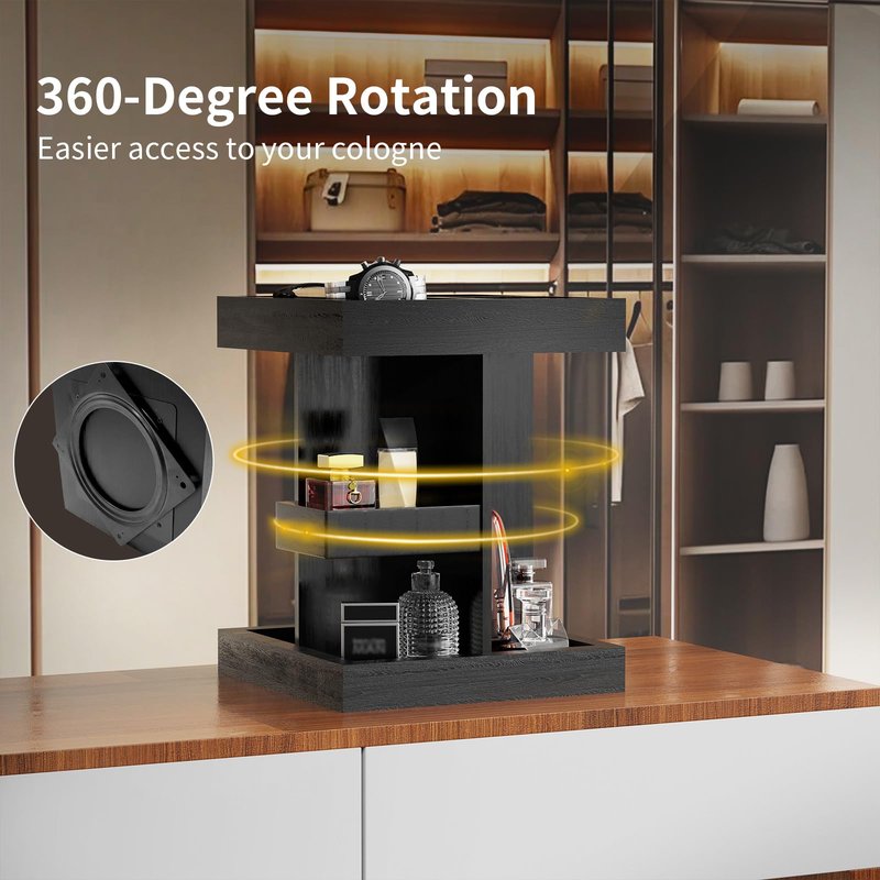 Cologne Organizer for Men with Metal Base, 360° Rotating Perfume Stand Heavy Duty, 3 Tier Wooden Cologne Shelf, Large Capacity Fragrance Display for Bathroom Dresser, Smooth Swivel Bearing (Black)