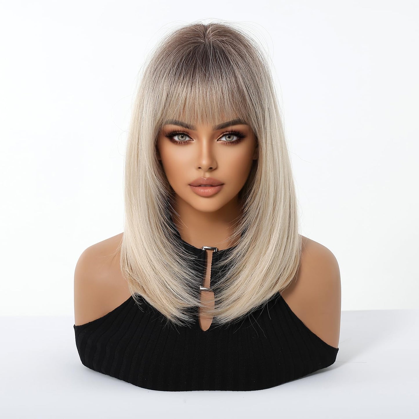 Osicapea Ombre Blonde Short Wigs with Bangs for Women, Woman Natural Short Straight Heat Resistant Synthetic Wig, 14 Inch Long Hair Replacement Wigs for Women's Cosplay Costume Party Daily Use