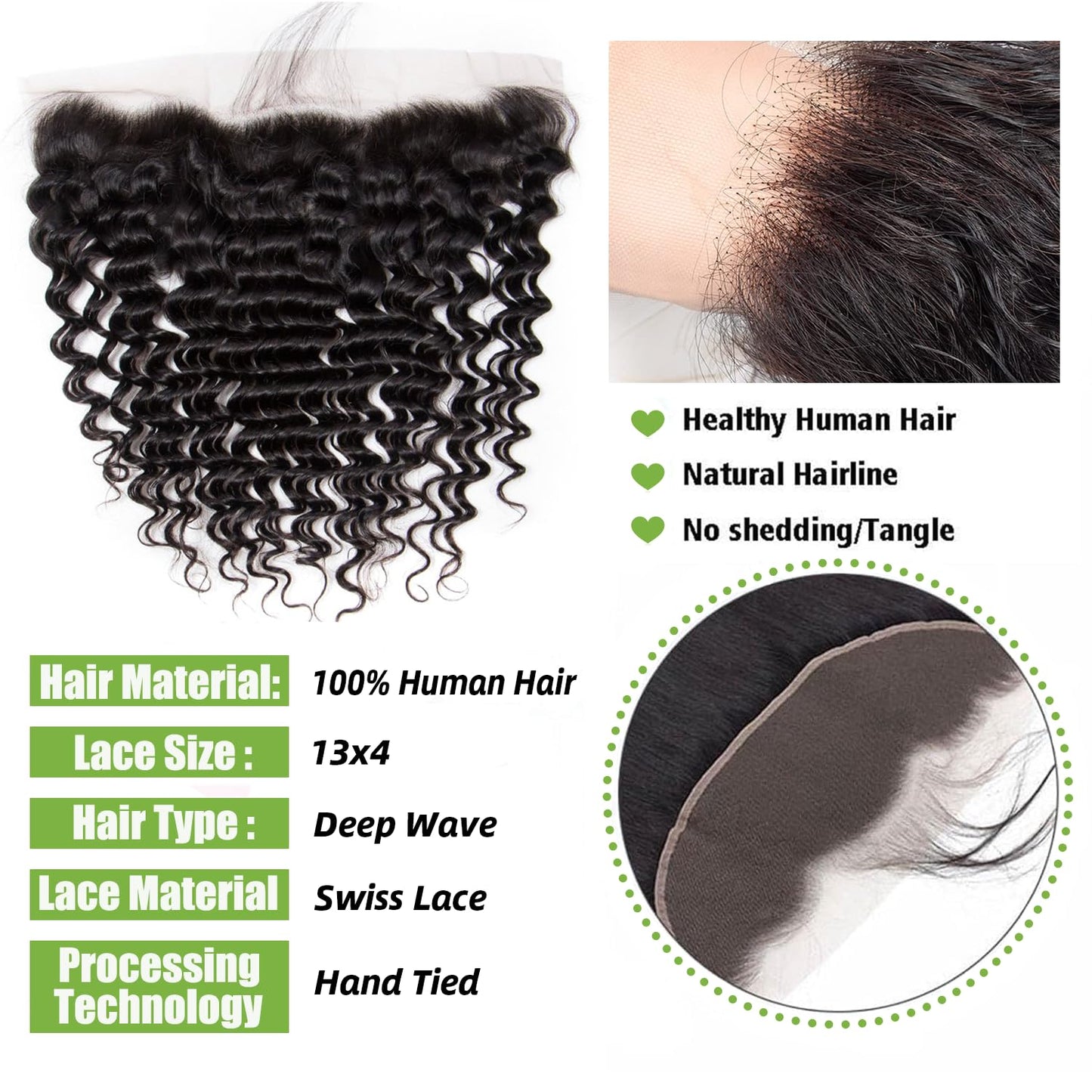 Lace Frontal Closure Deep Wave 13x4 Ear to Ear Frontal HD Lace 12 Inch Curly Brazilian Virgin Human Hair Extensions for Women Pre Plucked with Baby Hair 150% Density Natural Black