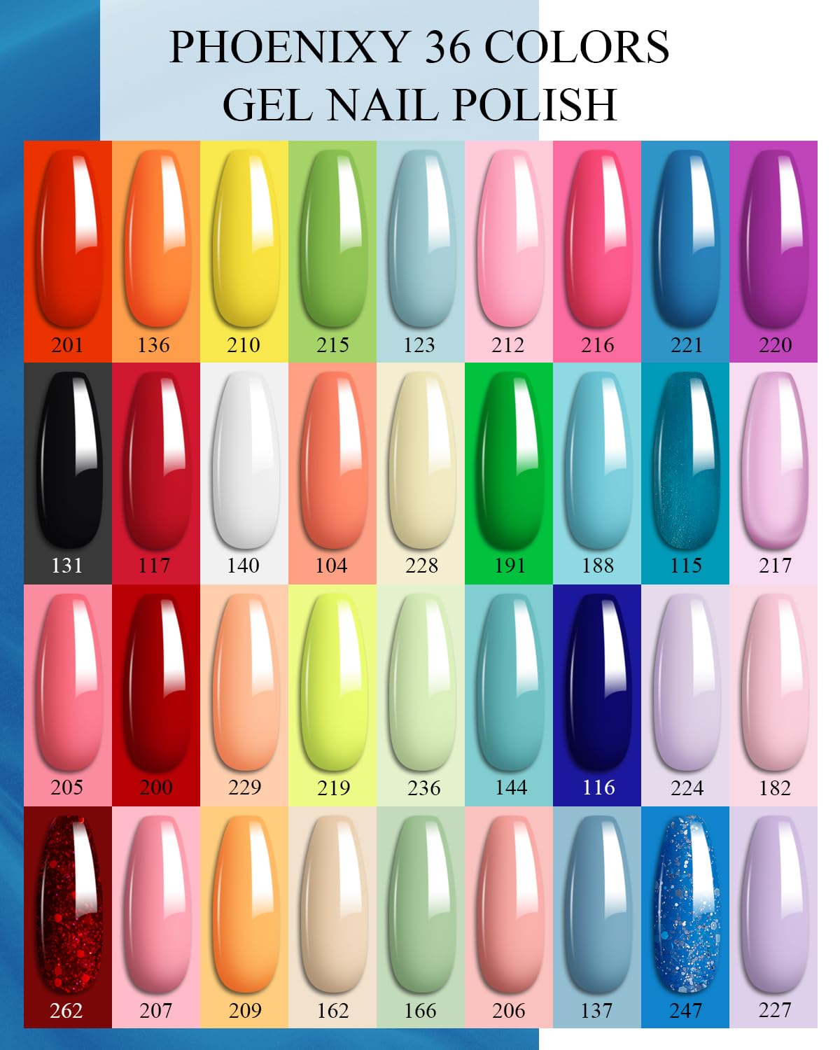 phoenixy Gel Nail Polish, 40 PCS Nail Polish Set 36 Colors UV Gel Nail Polish Set Red Green Glitter with 4 Pcs Base Matte Glossy Top Coat Nail Kit Gift for Women (PCE9007)