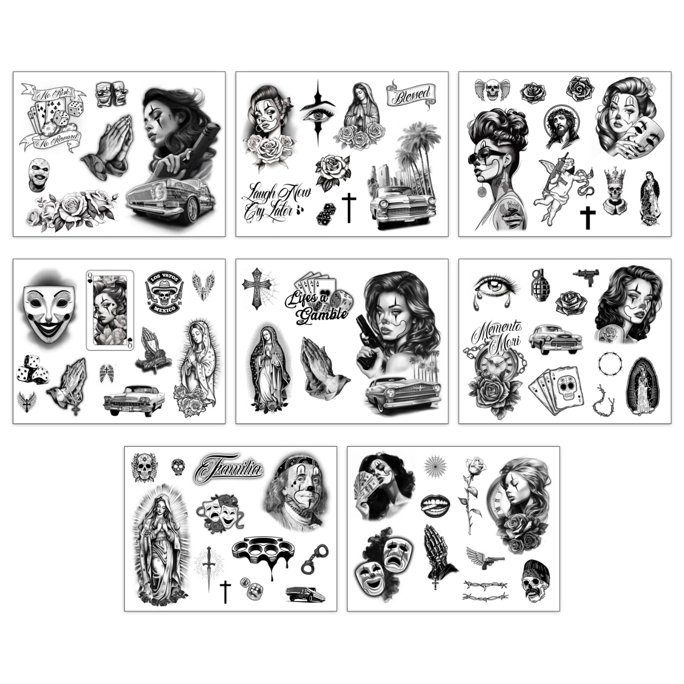 Los Vatos Chicano Bundle - Cholo and Chola Temporary Tattoos For Men Women, Payasa, Lowrider, Virgin Mary, Prayer, Cross, Chicana, Gangster, Fake Tattoo, Día de Muertos, Tatuajes Temporales