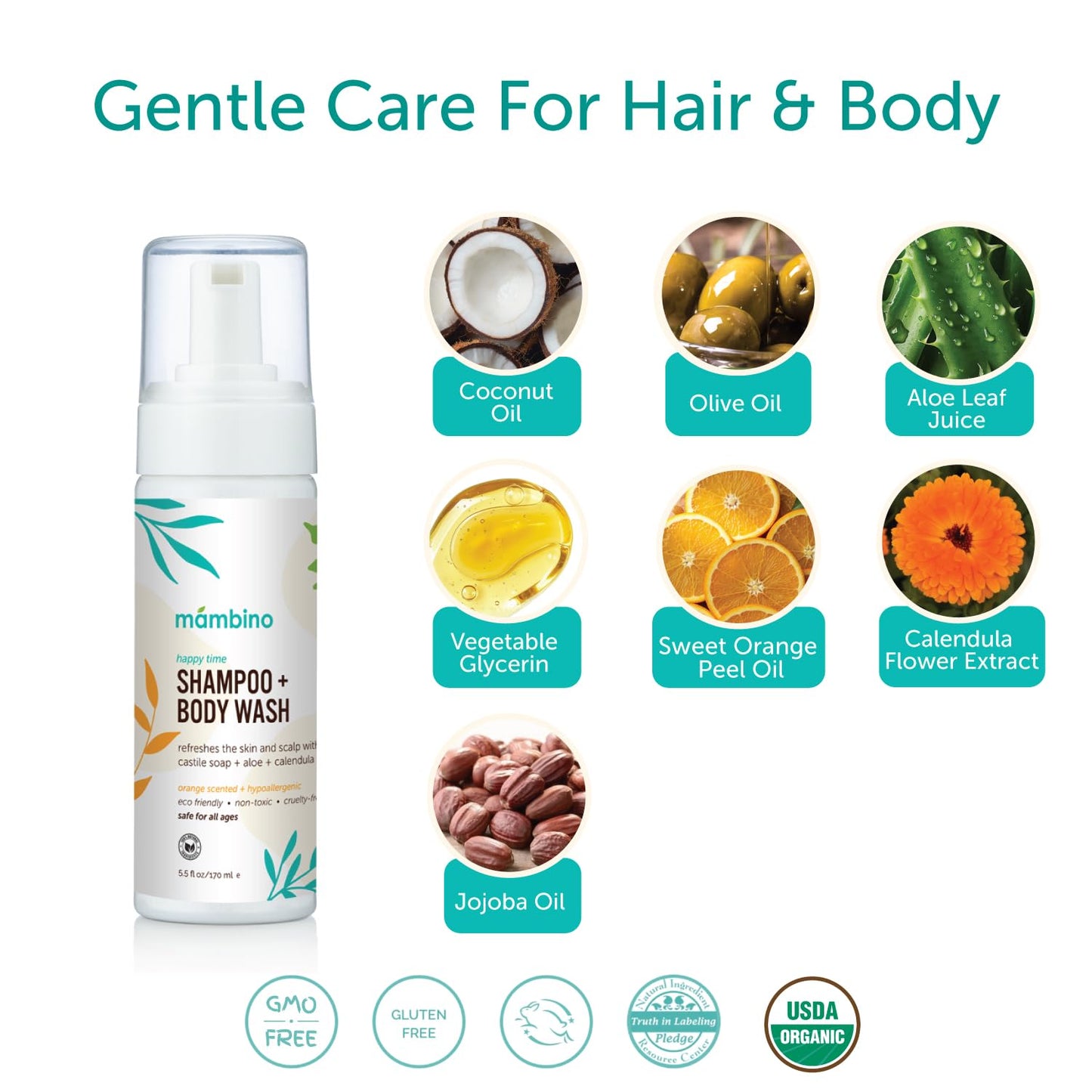 Mambino Organics Happy Time Shampoo & Body Wash for Kids, Plant-Based Body Wash, Calendula & Orange, 5.5floz, 3-Pack