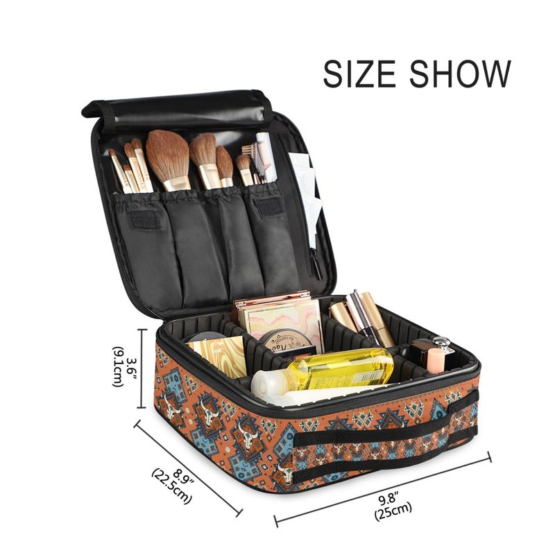 ALAZA Makeup Case Indian Tribal Aztec Ornament Geometric Pattern with Skulls Cosmetic Bag Organizer Travel Portable Storage Toiletry Bag Makeup Train Case with Adjustable Dividers for Women