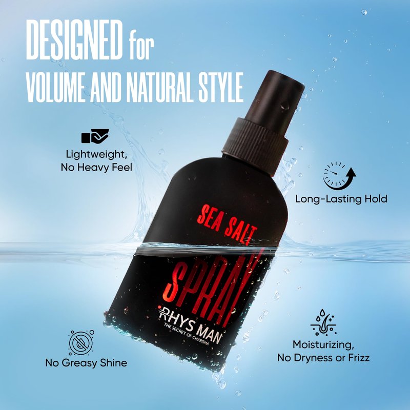RHYS MAN Sea Salt Spray for Men - Father Gifts, Dad Gifts - Hair Texturizing Spray for Beach Waves, Volume & Matte Finish - Argan Oil, Jojoba & Vitamin E, 6.8 Fl Oz