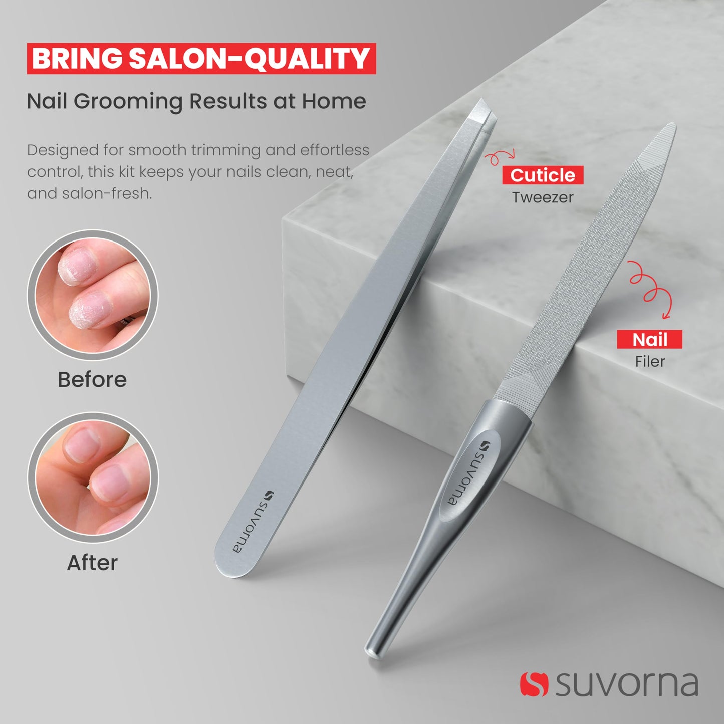 Suvorna Manicure kit with Cuticle Nippers, Nail Clippers, Nail Scissors, Cuticle Pusher, Nail File & Tweezer - Made with Stainless Steel - Nail Care kit for women, men, seniors, adults. (Red, 6 Pcs)