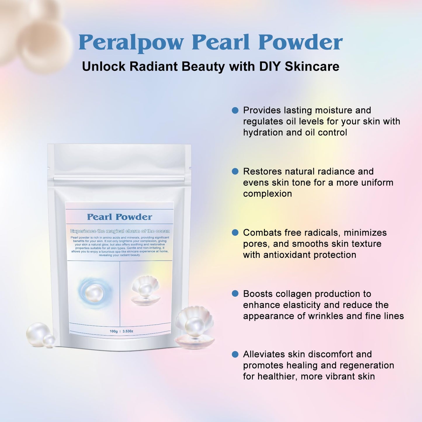 Peralpow Pearl Powder Organic, 100% Natural DIY Skincare - Brightens, Whitens Skin, Anti-Aging, Firms Skin, Minimizes Pores, Hydrates, Antioxidant, Enhances Elasticity, Soothes, 100g (3.52oz)