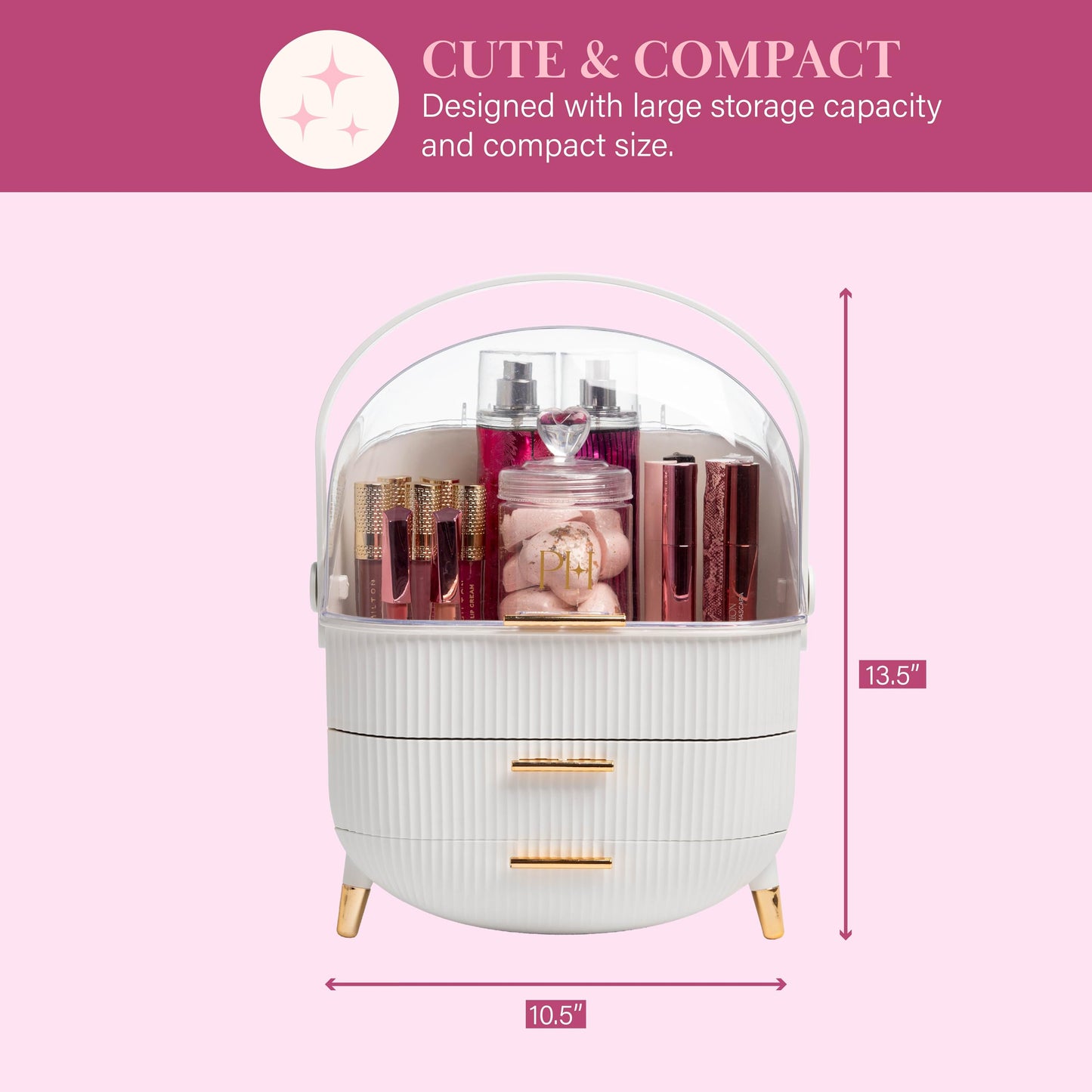 Paris Hilton Makeup Storage Organizer with Lid, Cosmetics and Skincare Organizer for Vanity, Portable Makeup Storage Box for Countertop, Fluted Design with Gold Accents, White