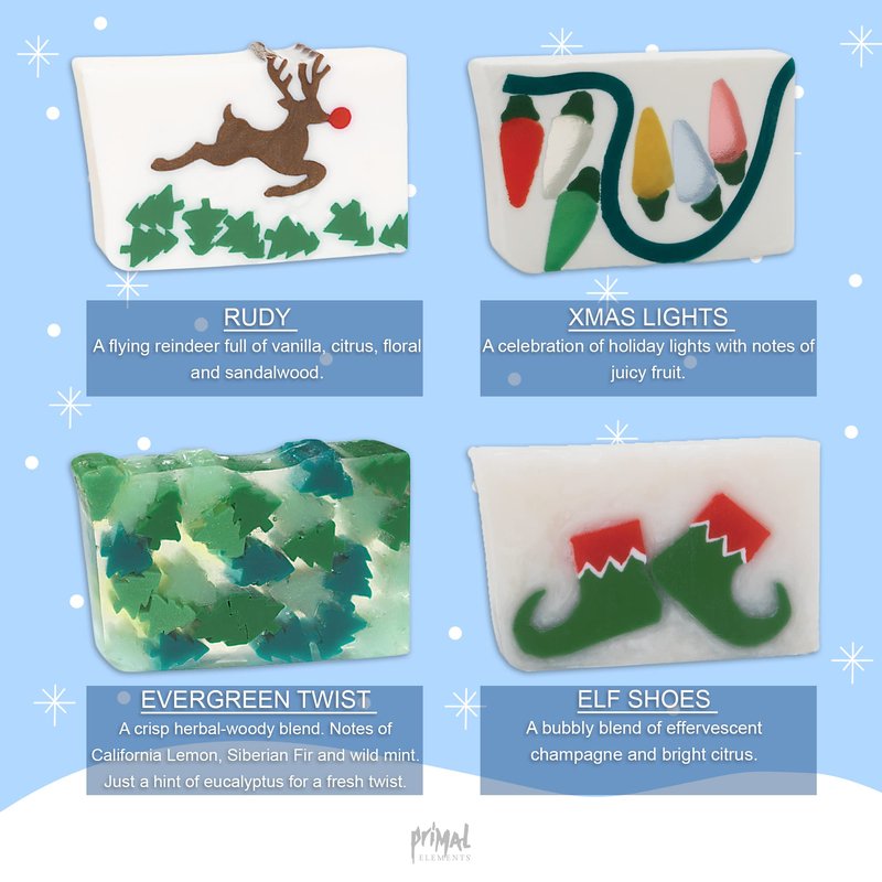Primal Elements Assorted Variety Soap Bar Holiday Bundle, Glycerin Soap, Moisturizing for Hands, Face, and Body, Gift for Him/Her, Fun Stocking Stuffer, Christmas Favorites - Pack of 8