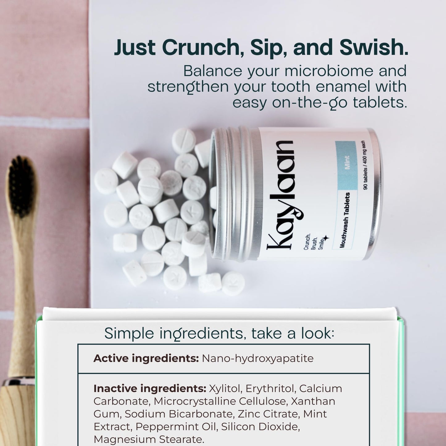 Kaylaan Travel Mouthwash Tablets - Mint Remineralizing Nano Hydroxyapatite, Alcohol Free, Mini Size Mouth Wash Tabs for Adults Gum & Enamel Health - 90 Count
