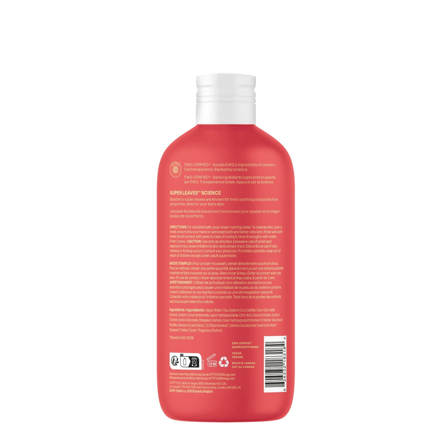 Attitude Bubble Wash for Kids, EWG Verified Bubble Bath, Hair Shampoo and Body Soap, Dermatologically Tested, Plant- and Mineral-Based, Vegan, Mango, 16 Fl Oz