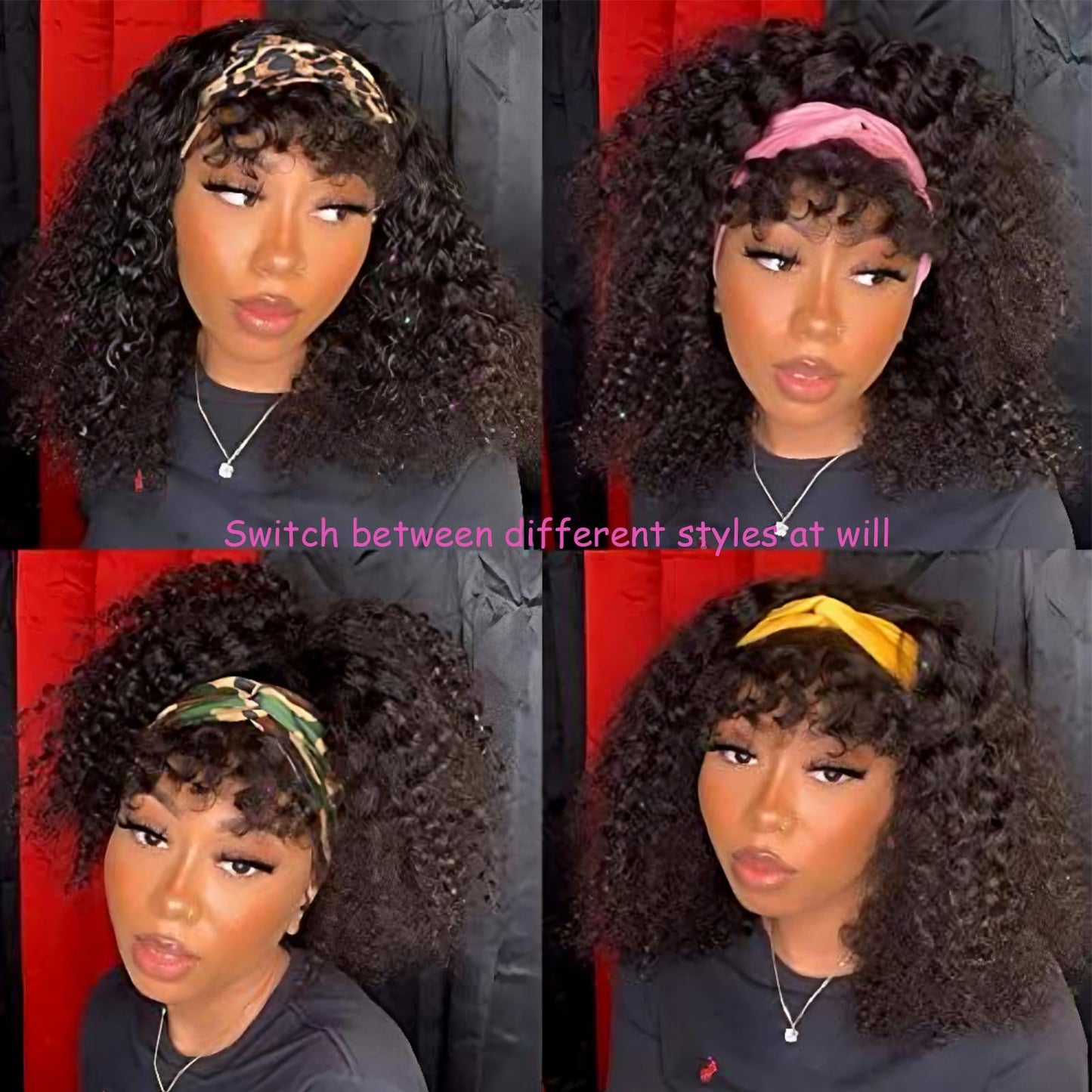 Punmasa Headband Wig Human Hair Deep Wave 150% Density None Lace Front Wig Human Hair Machine Made Wigs 14 inches Headband Curly Human Hair Wigs for Women Natural Color Half wigs