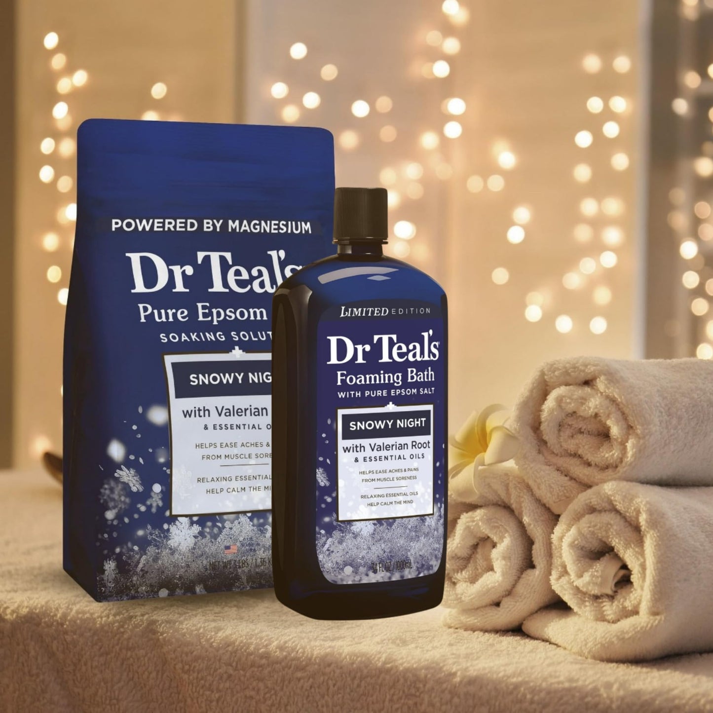 Dr Teal's Snowy Night Limited Edition Set, Pure Epsom Salt 3 lbs and Foaming Bath 34 fl oz, Winter Scented Holiday Set