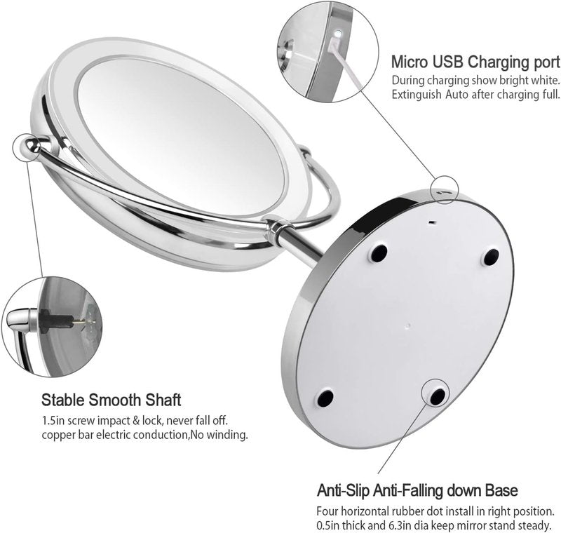 Lighted Makeup Mirror - 1X & 7X Magnification, Double-Sided, Cordless & Rechargeable | Round Shape with Touch Button
