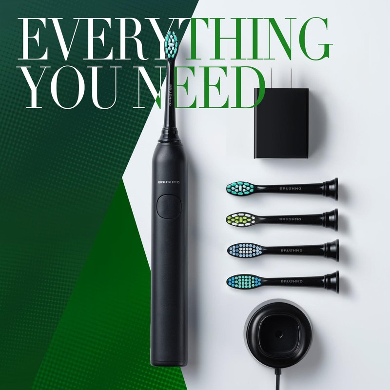 Brushmo Super Sonic Electric Toothbrush with 4 Replacement Heads - Rechargeable Electronic Tooth Brush for Adults with 5 Customizable Modes - IPX7 Waterproof & Long-Lasting Battery - Black