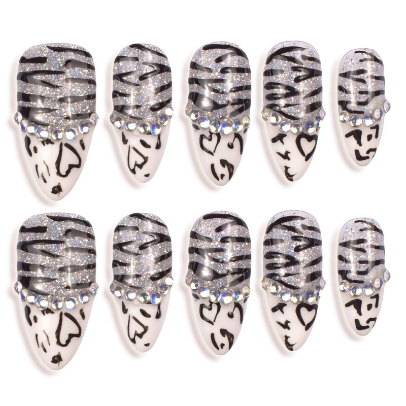 Handmade Nails Press On Medium Almond Reusable Unique Fake Nails, Artistic Design, Thick Acrylic and Muti-Layer Gel False Nails Stick On, Size M