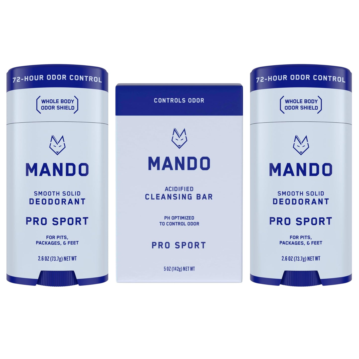 Mando Whole Body Deodorant For Men - 2-Pack Smooth Solid Stick and Acidified Cleansing Bar - Pro Sport Scent - Aluminum Free, Baking Soda Free, Skin Safe - Removes Odor Better than Soap - Moisturizing