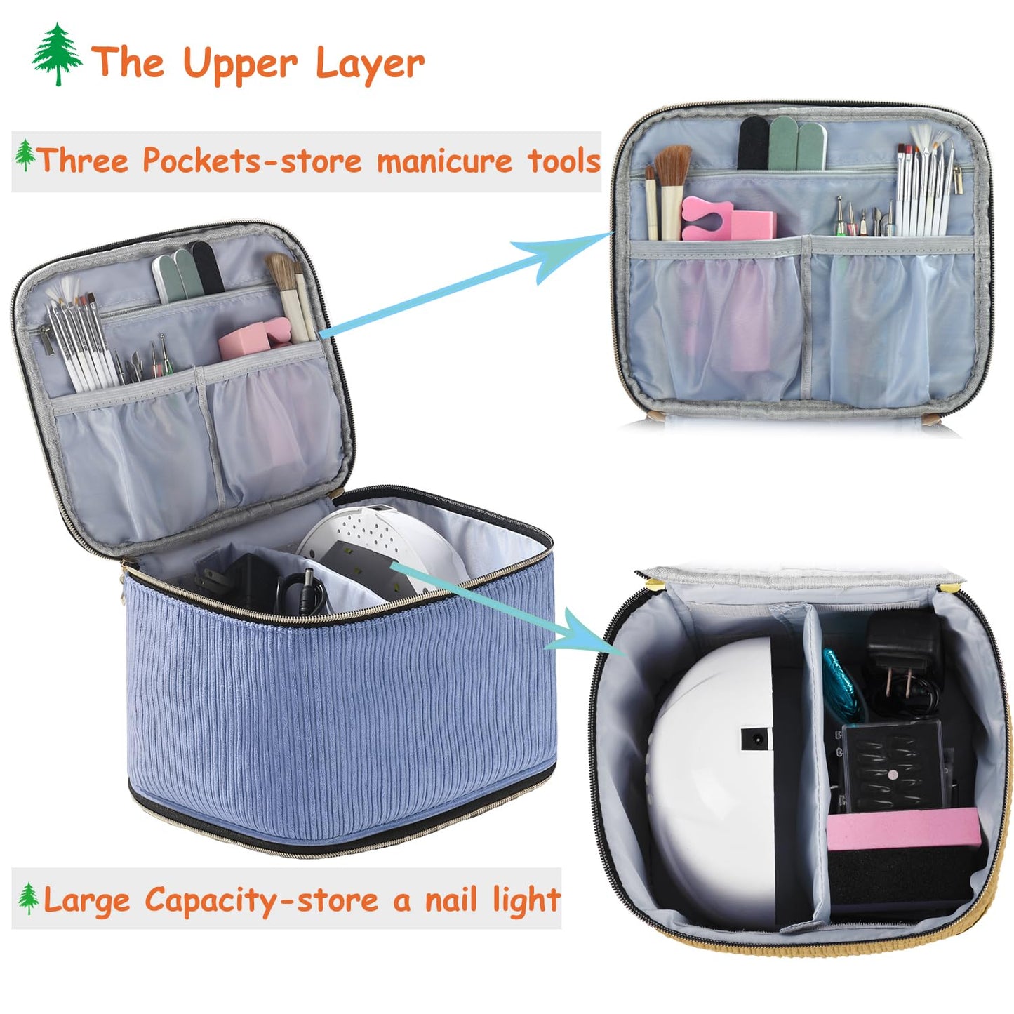 CTWWFS Corduroy Nail Polish Organizer and Nail Lamp Case, Nail Kit Organizer Holds 30 Bottles (15ml - 0.5 fl.oz) and a Nail Lamp, Nail Polish Carrying Case with Manicure Tools Storage Sections (Blue)