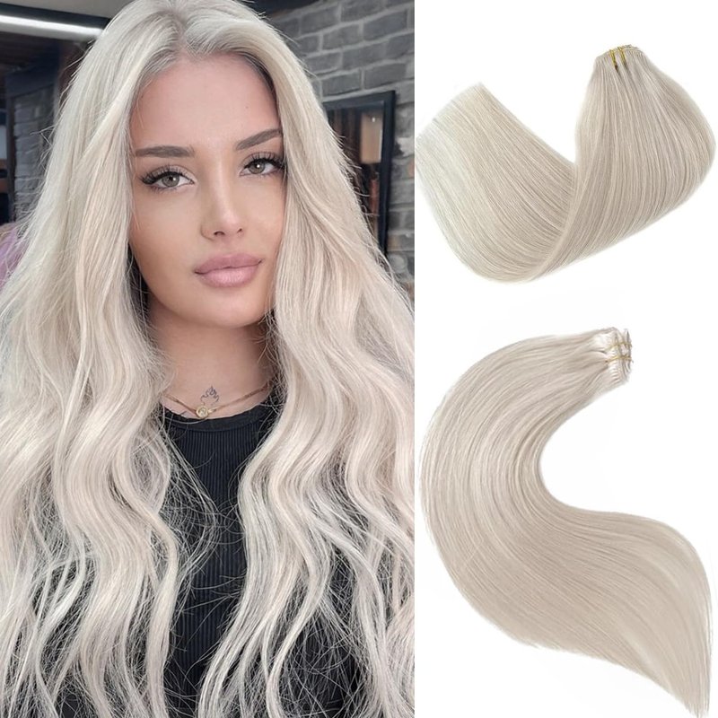 Clip In Hair Extensions - Ice White Virgin Remy Human Hair | 16 Inch, 7pcs, 70g Straight Hairpieces for Thinning Hair