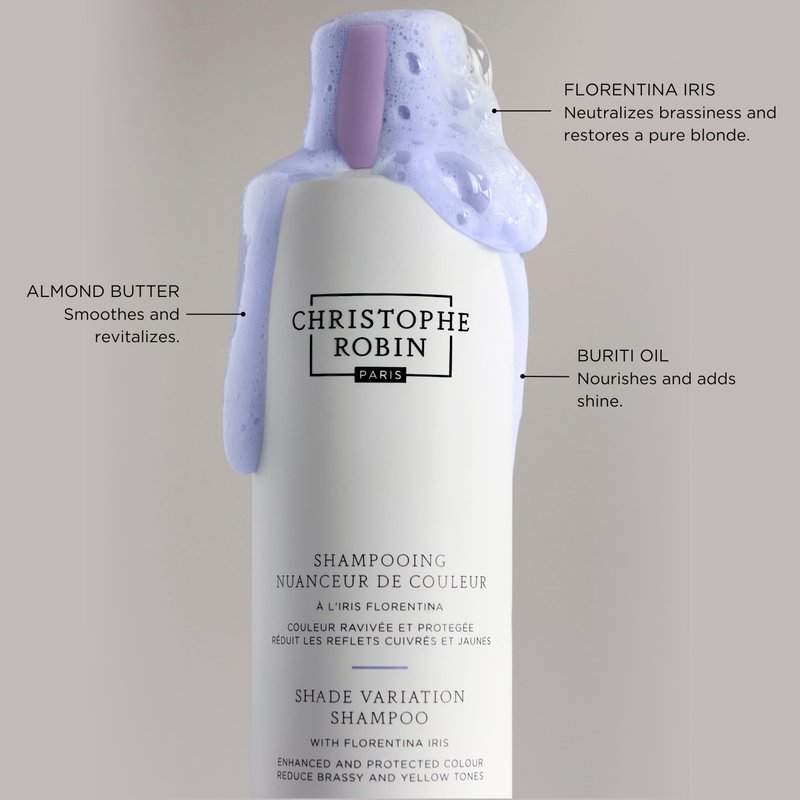 Christophe Robin Shade Variation Baby Blonde Toning Purple Shampoo with Florentina Iris, Neutralizes Brassy, Yellow Tones for Blonde, Bleached, Silver, Highlighted Hair 250ml