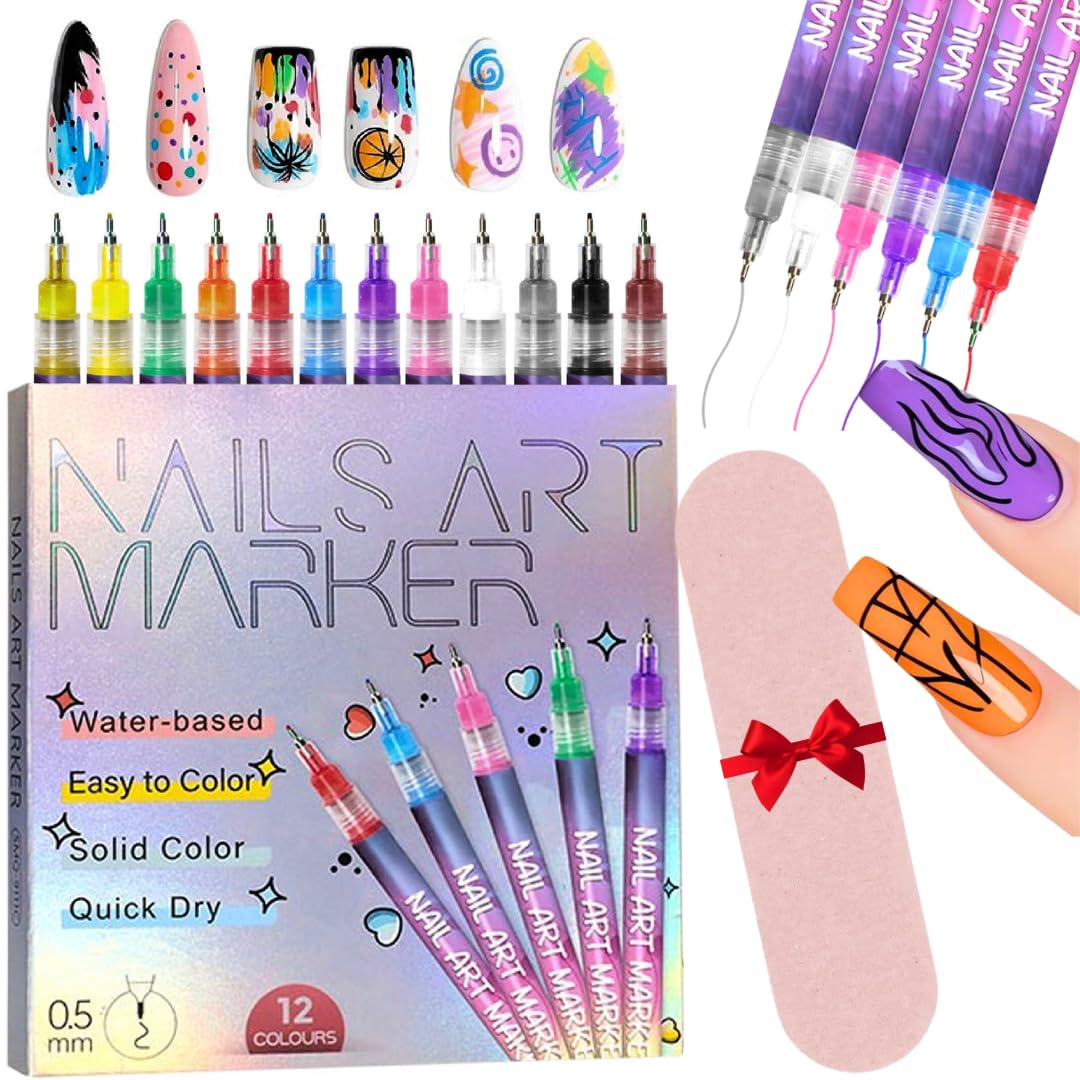 Nail Art Pen Set, 12 Colors – 0.5mm Quick-Dry Nail Painting Markers with Nail File Included for DIY Manicure
