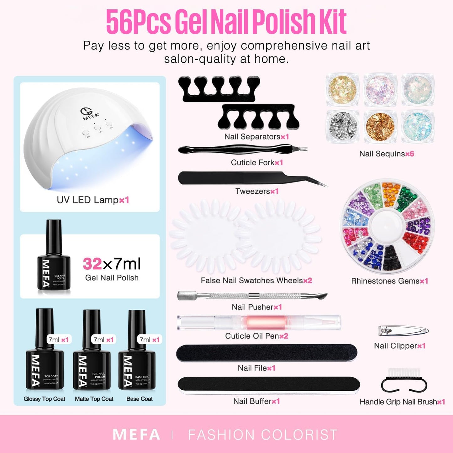 MEFA 32 Colors Gel Nail Polish Kit with U V Light, Spring Gel Nail Kit Pastel Pink Blue Glitter Gel Nail Polish Set with Matte/Glossy Base Top Coat Manicure Tool Nail Art Decorations Gift