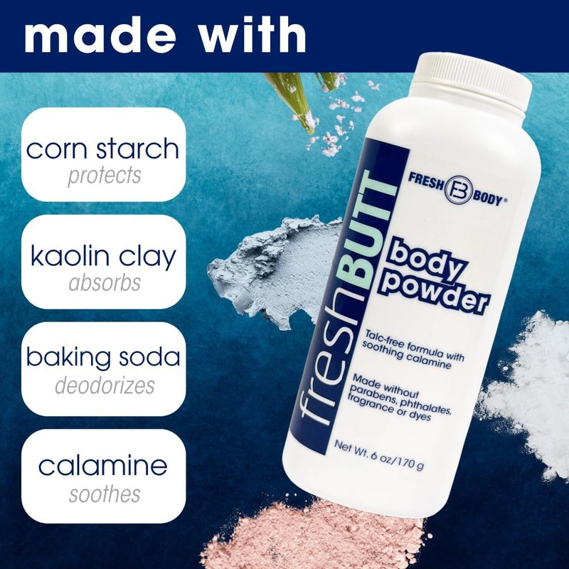 Fresh Butt Body Powder for Men & Women - Talc-Free with Calamine for Friction Fighting, Anti-Chafing, Anti-Itch, Odor & Sweat Absorbing, Unscented, 6oz