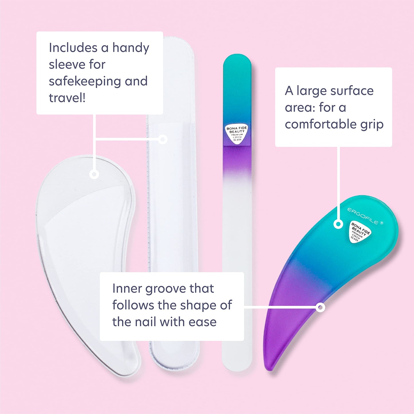 BONA FIDE BEAUTY Czech Glass Ergofile Bundle - 6-Pieces Glass Nail Files Value Set - Nail Files for Comfort Grip