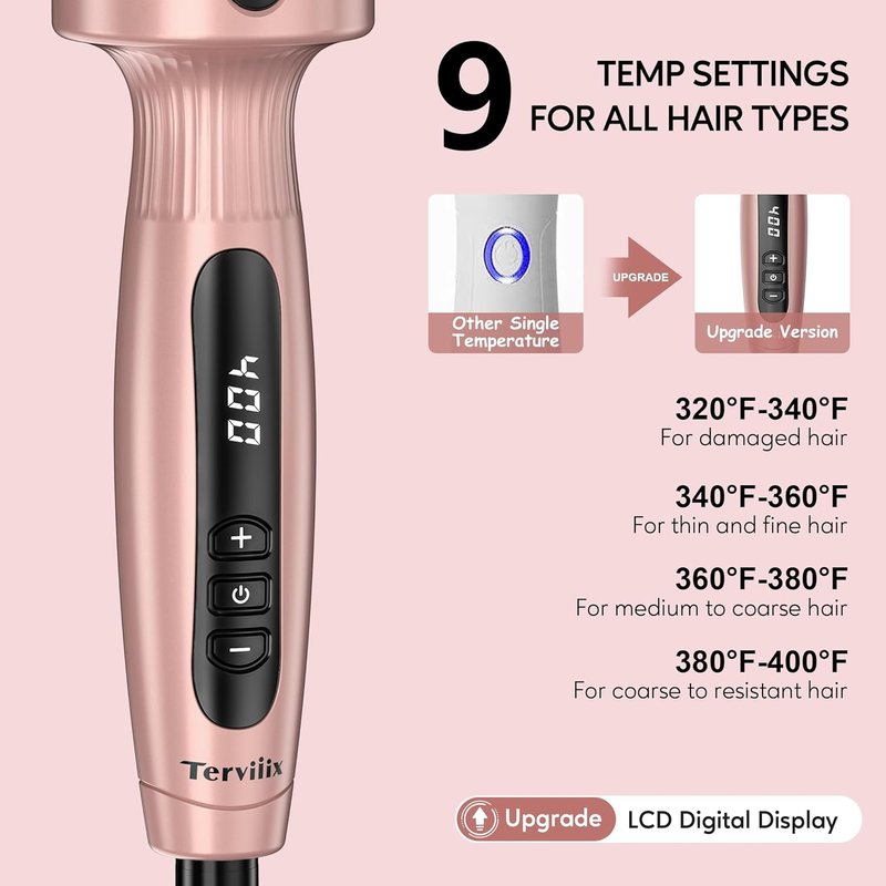 Terviiix Thermal Brush - 1.77 Inch Double MCH Ceramic Hot Brush | Ionic 2-in-1 Curling Wand with Digital Display & 9 Temperatures for Long Hair