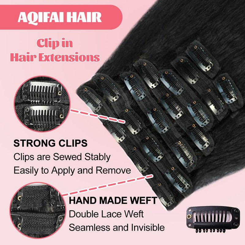 Real Human Hair Clip-In Extensions - 110g Kinky Straight Brazilian Hair | 14-Inch, 8 Pcs Set for Women