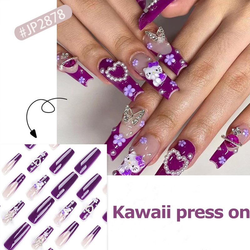 Cartoon Press Long Square Fake Nails - Purple French Tip, Heart & Butterfly Charm, Y2k Acrylic Nails, Full Cover False Nails for Women & Girls - 24 Pcs