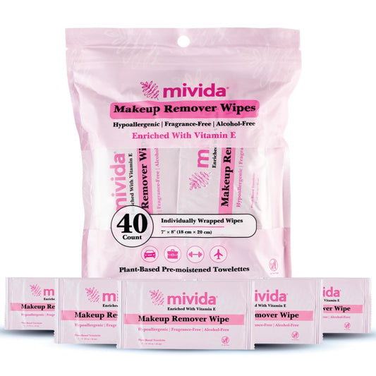mivida 40 Count Hypoallergenic makeup wipes individually wrapped with Vitamin E | Dermatologist Tested Face Wipes | Alcohol-Free, Fragrance Free individual makeup remover wipes for Sensitive Skin