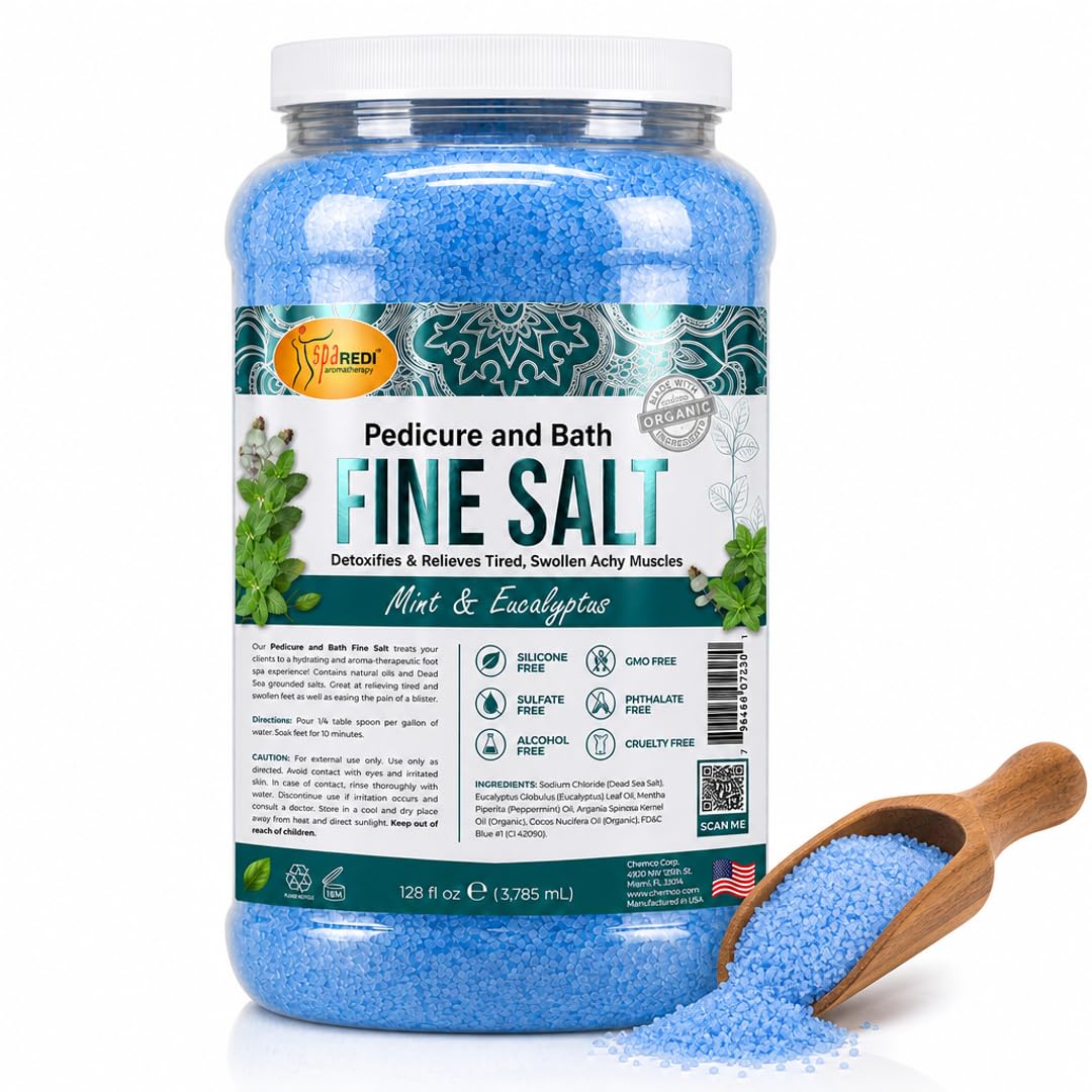 SPA REDI - Detox Foot Soak Pedicure and Bath Fine Salt, Mint and Eucalyptus, 128 Oz - Made with Dead Sea Salts, Argan Oil, Coconut Oil, and Essential Oil - Hydrates, Softens & Moisturizes Pkg May Vary