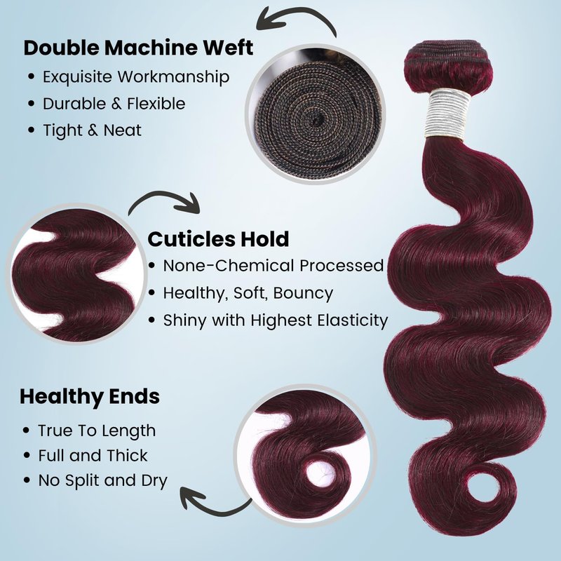 Dark Burgundy Wine Color Human Hair Bundles - Body Wave, 12A Virgin Remy, Soft & Thick | 10-12-14 Inch