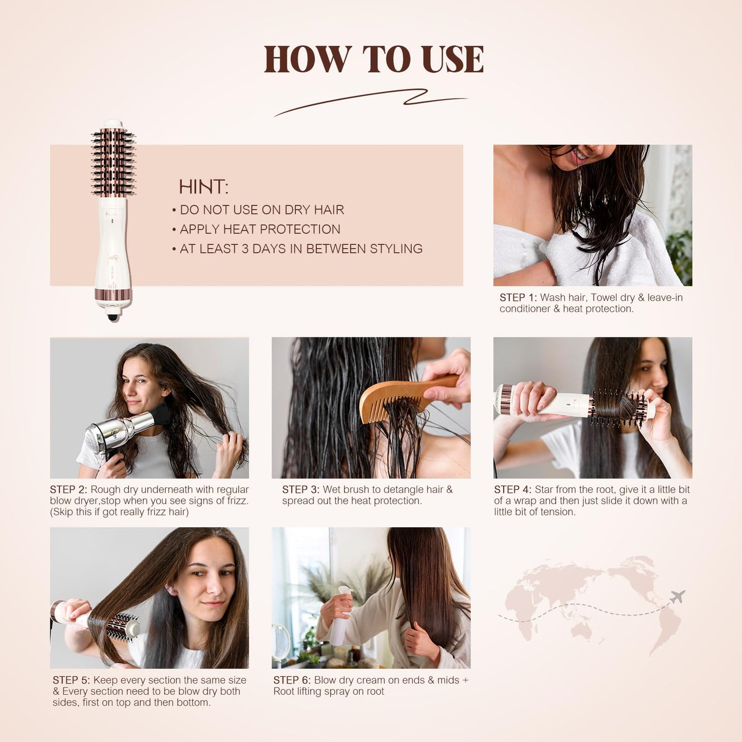 1.5 Inch Barrel (2.8'' Plus Bristles) Dual Voltage(110~250V) Round Brush Blow Dryer for Should Length Hair, Hair Dryer Brush with European Plug Adapter, 4-in-1 Negative Ionic One Step Volumizer Dryer