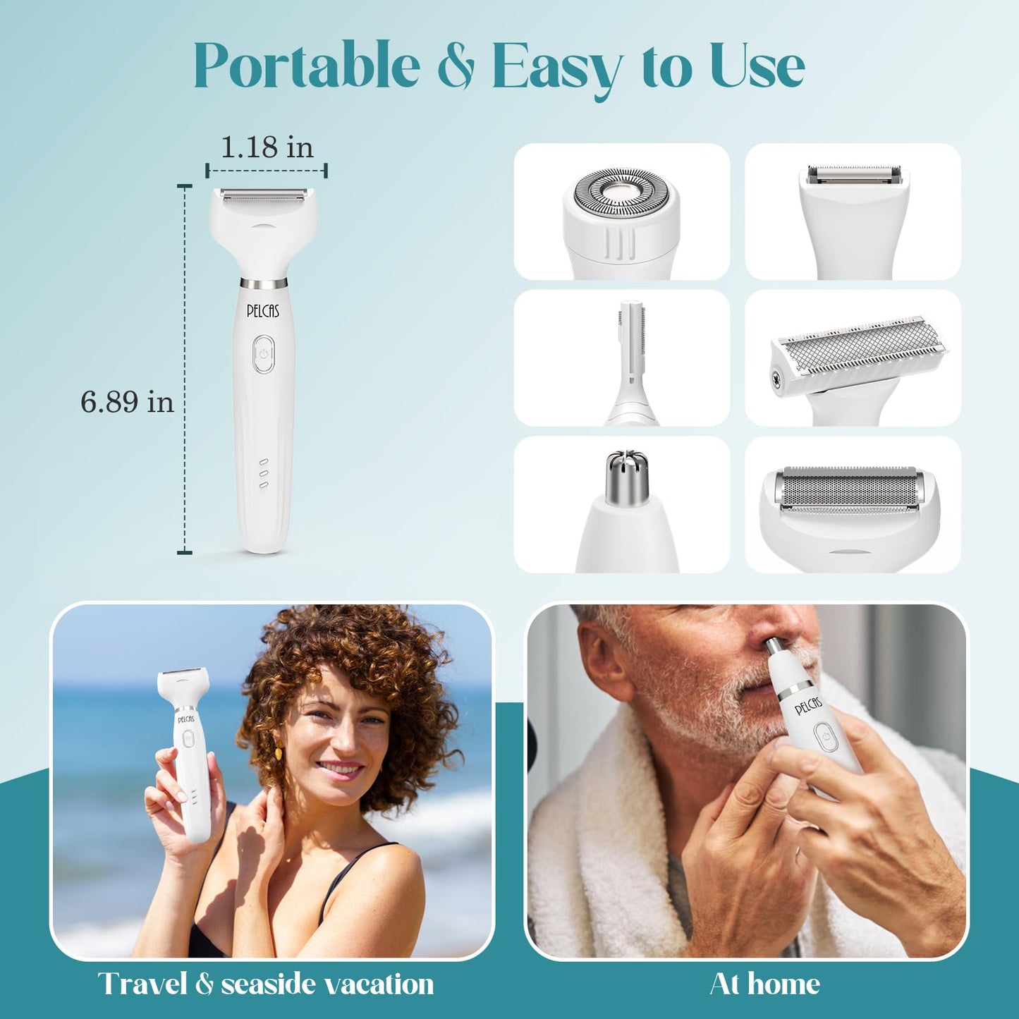 PELCAS Bikini Trimmer for Women Kit 6 in 1 Electric Shaver, Cordless Razors, Nose Hair Trimmer, Shaver for Women & Men Pubic Hair, Private Area, Legs, Face, Nose, Eyebrow, Body Hair Removal
