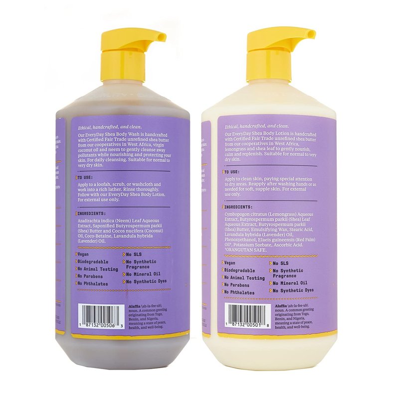 Alaffia Body Wash & Body Lotion Set, EveryDay Shea, Lavender – Gentle Skin Cleanser & Moisturizer for Normal to Very Dry Skin, 32 Oz Ea