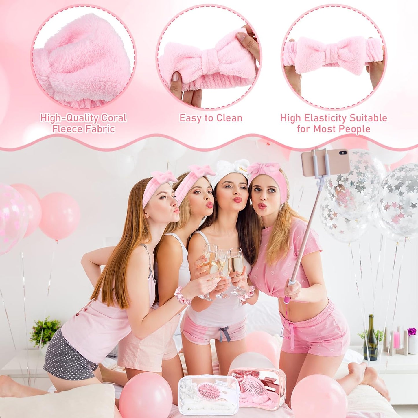 Bachelorette Favor Set - 40 Pcs Headbands, Scrunchies & Hair Accessories | Bridal Shower Gifts (White & Pink)